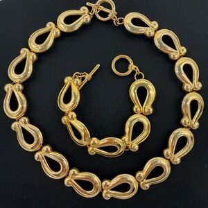 Vintage Gold Tone Teardrop Link Necklace Bracelet Parure Statement Set